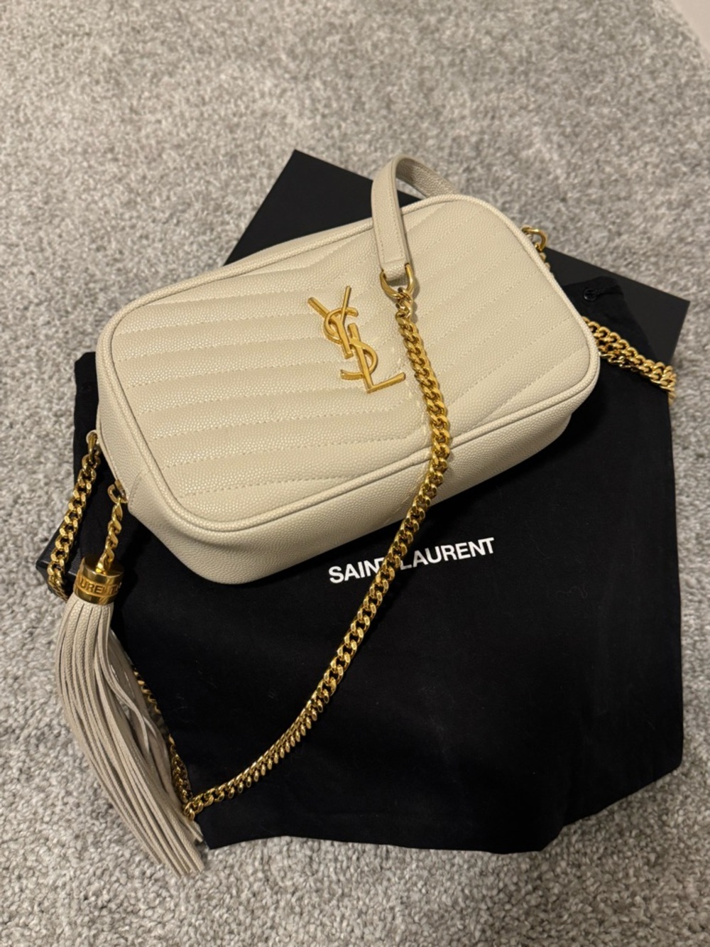 Saint Laurent Quilted Camera Crossbody Bag in Cream with Gold Hardware